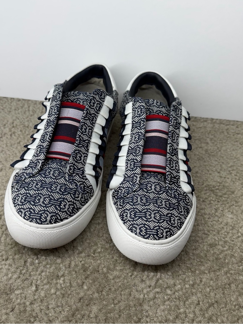 Tory Burch Navy, White & Red Patterned Slip-On Sneakers